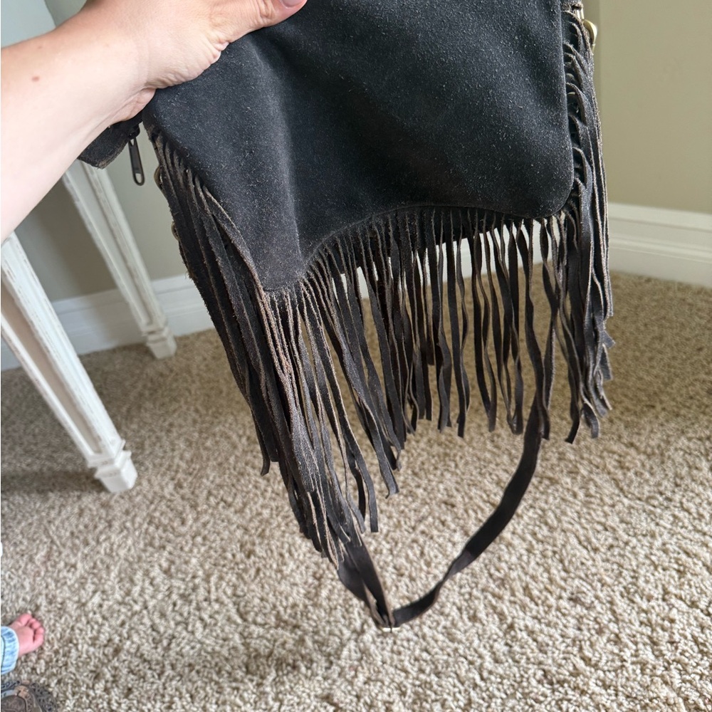 Fringed Crossbody Bag with White Haircalf and Turquoise Accent - Picture 6 of 6